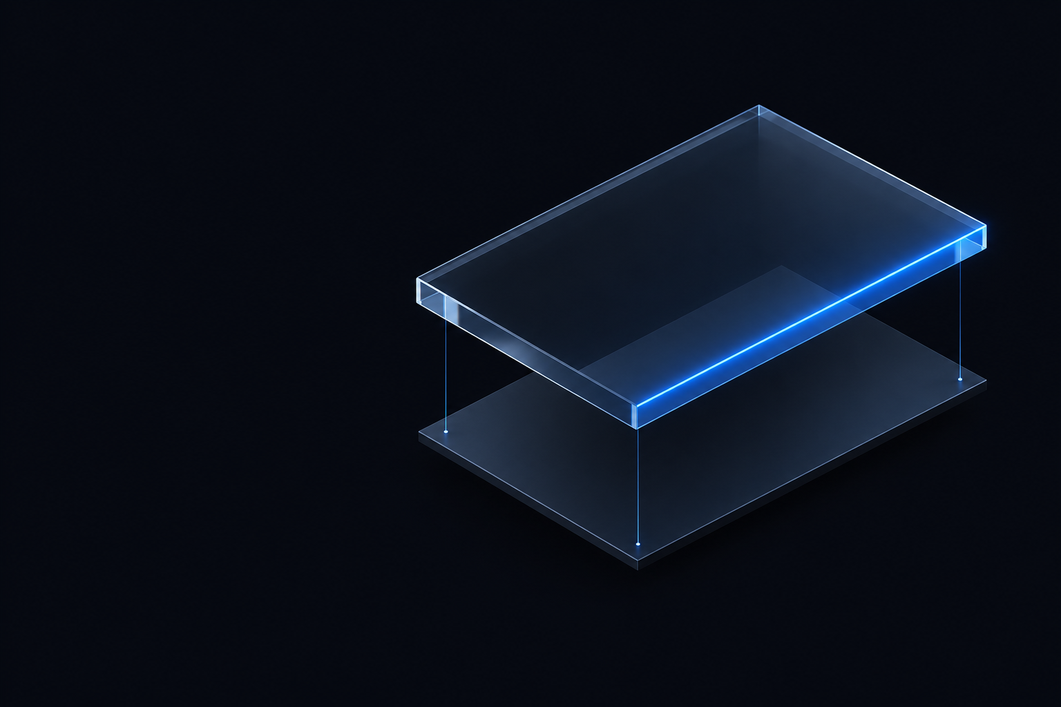Two minimalist glass layers with a fine blue illuminated edge